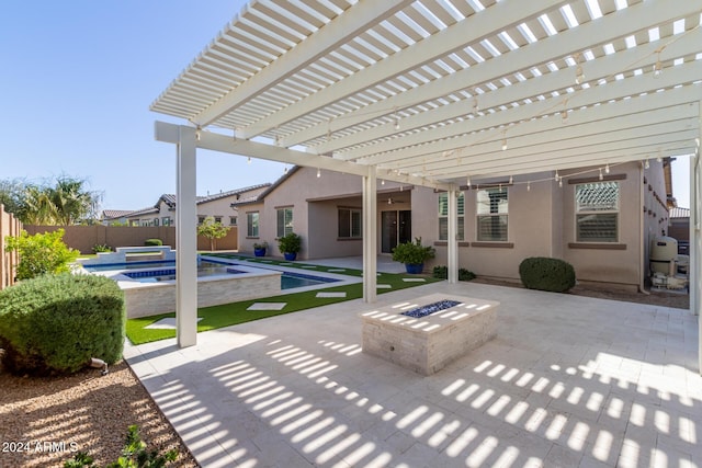 view of patio featuring a pergola, a pool with hot tub, and an outdoor fire pit