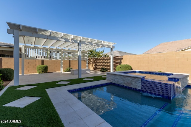 view of swimming pool featuring a pergola, an in ground hot tub, pool water feature, and a patio