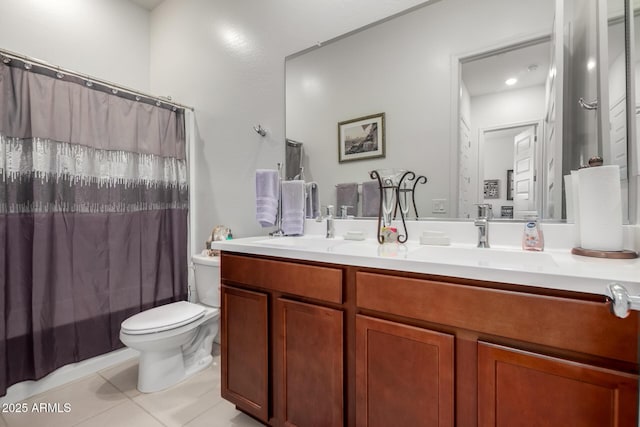4044 E Dawson Dr E, Chandler, AZ 85249 - bathroom with tile patterned floors, toilet, double vanity, and curtained shower
