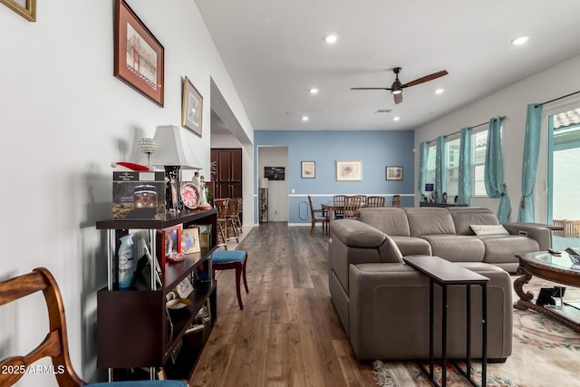 4044 E Dawson Dr E, Chandler, AZ 85249 - living area with wood finished floors, a ceiling fan, and recessed lighting