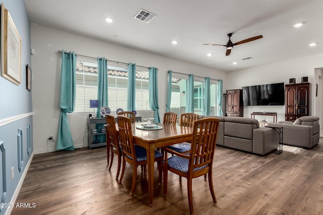 4044 E Dawson Dr E, Chandler, AZ 85249 - dining space featuring hardwood / wood-style floors, a ceiling fan, recessed lighting, and baseboards