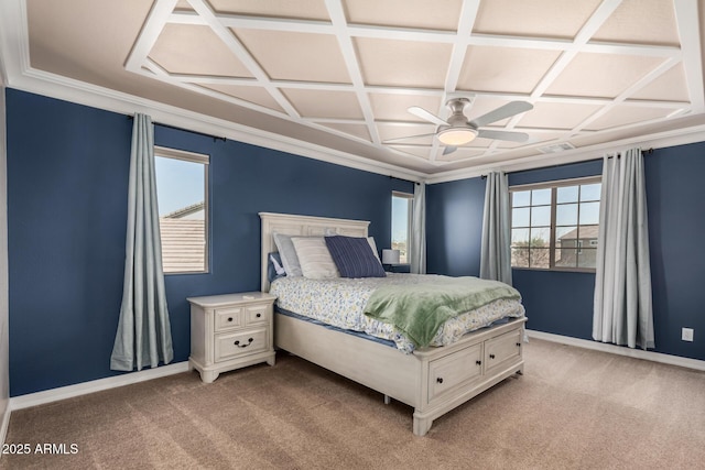 bedroom with baseboards, light carpet, coffered ceiling, and ornamental molding