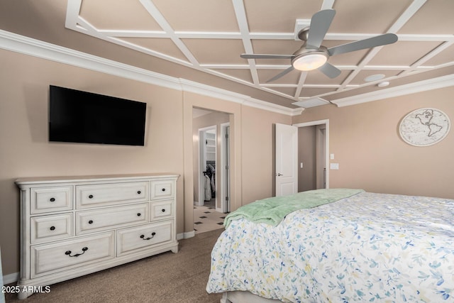 bedroom featuring light colored carpet and coffered ceiling