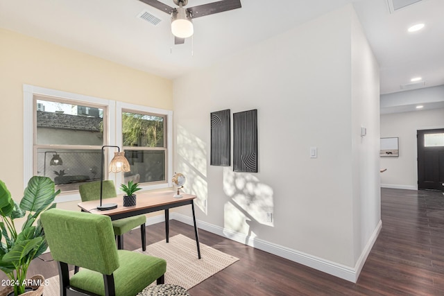 office with dark hardwood / wood-style floors and ceiling fan