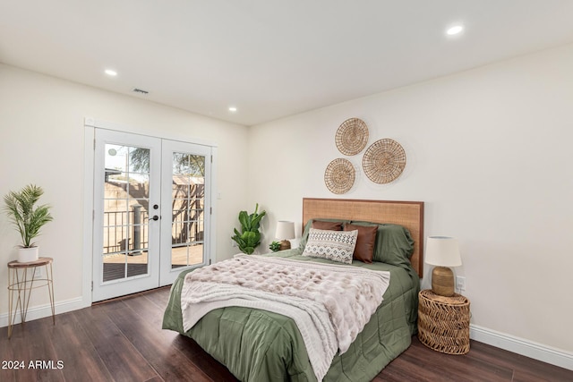 bedroom with access to exterior, french doors, and dark hardwood / wood-style flooring