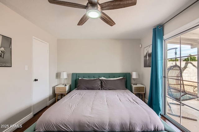 bedroom featuring access to outside, ceiling fan, and dark wood-type flooring