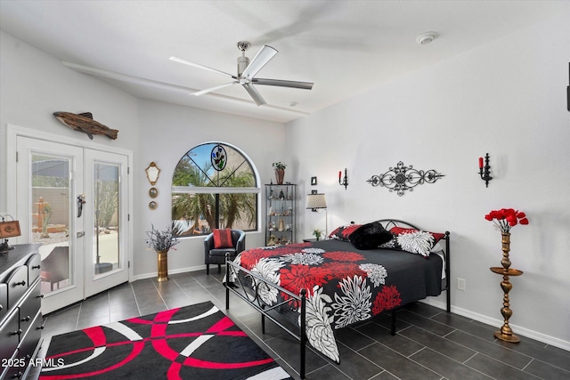 bedroom with ceiling fan, french doors, tile patterned floors, baseboards, and access to outside