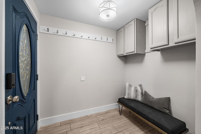 washroom featuring cabinet space, baseboards, and wood finish floors