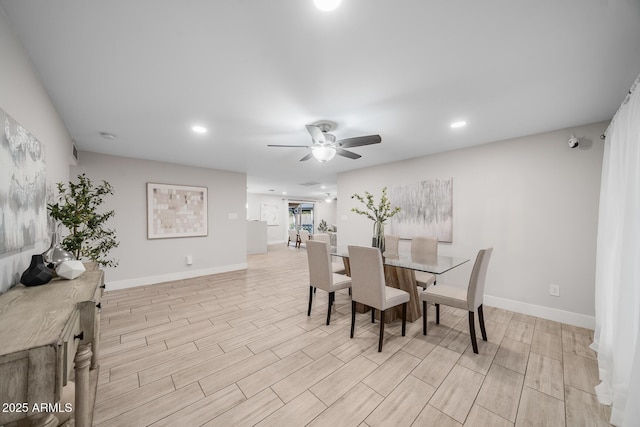 dining space with recessed lighting, baseboards, a ceiling fan, and wood tiled floor