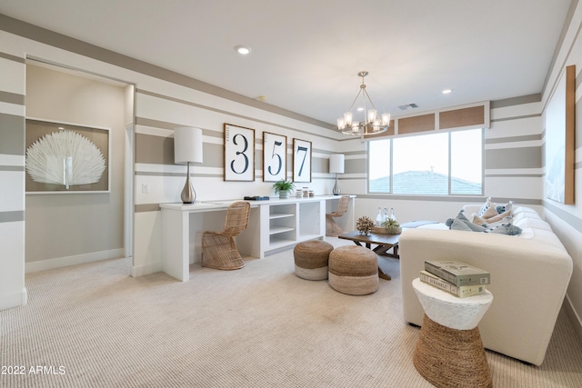 bedroom featuring light carpet and a chandelier