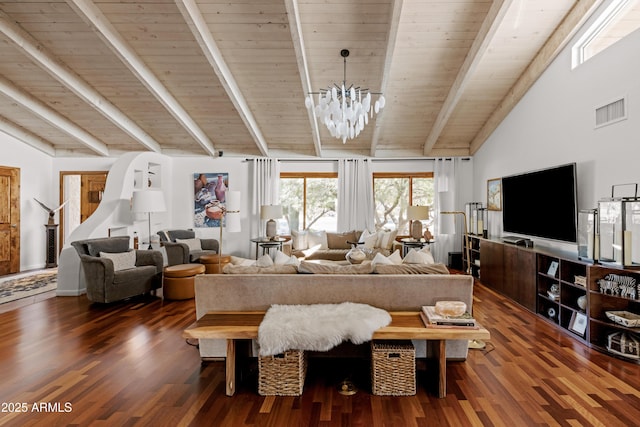 living room with wood ceiling, dark wood-type flooring, high vaulted ceiling, beamed ceiling, and a chandelier