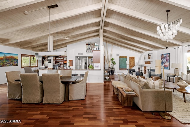 living room featuring dark wood-type flooring, vaulted ceiling with beams, a notable chandelier, and wood ceiling