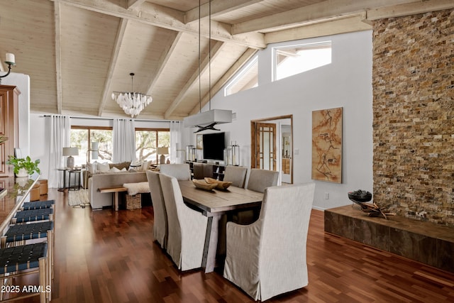 dining area featuring dark wood-type flooring, an inviting chandelier, high vaulted ceiling, wooden ceiling, and beamed ceiling