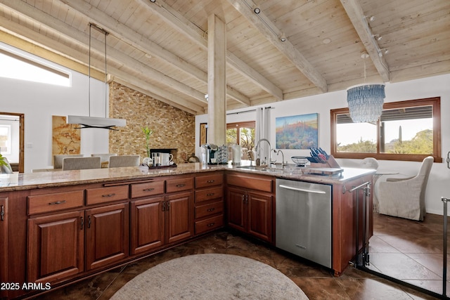 kitchen with sink, lofted ceiling with beams, light stone countertops, stainless steel dishwasher, and kitchen peninsula