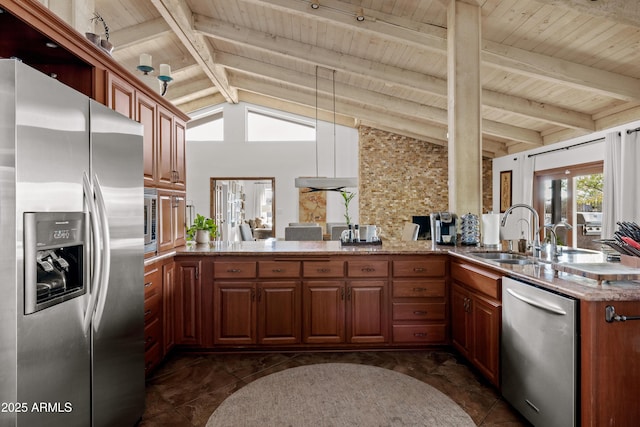 kitchen with appliances with stainless steel finishes, lofted ceiling with beams, sink, wood ceiling, and kitchen peninsula