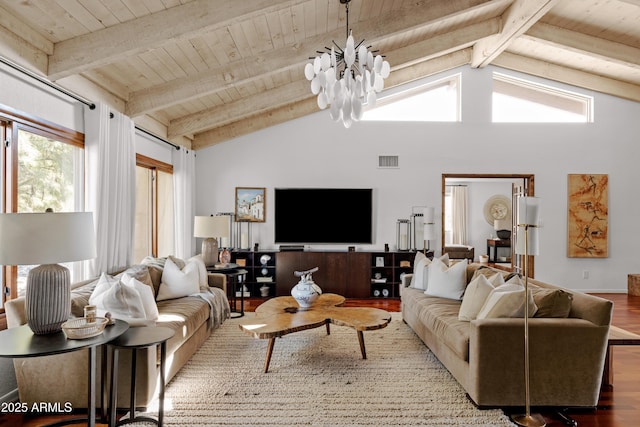 living room with hardwood / wood-style flooring, wooden ceiling, an inviting chandelier, and beamed ceiling