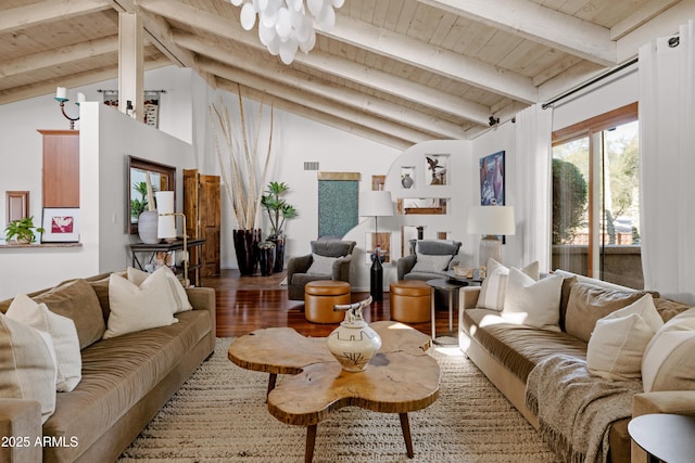 living room with vaulted ceiling with beams, hardwood / wood-style floors, and wooden ceiling