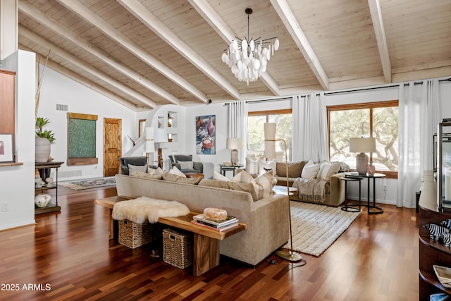 living room with dark wood-type flooring, wood ceiling, lofted ceiling with beams, and a notable chandelier