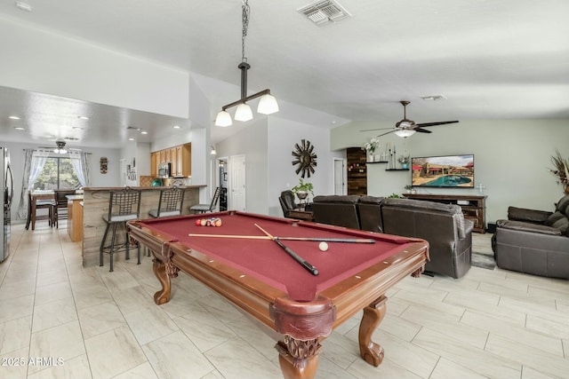 game room featuring vaulted ceiling, billiards, and ceiling fan