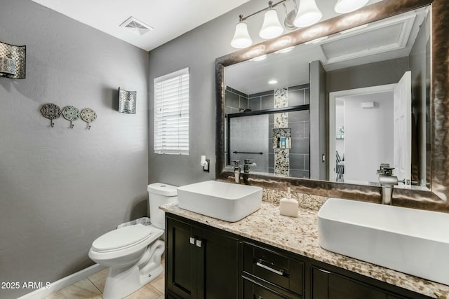 bathroom featuring walk in shower, vanity, and toilet