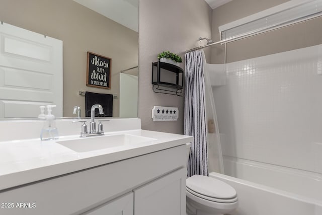 bathroom with vanity, toilet, and shower / bathtub combination with curtain