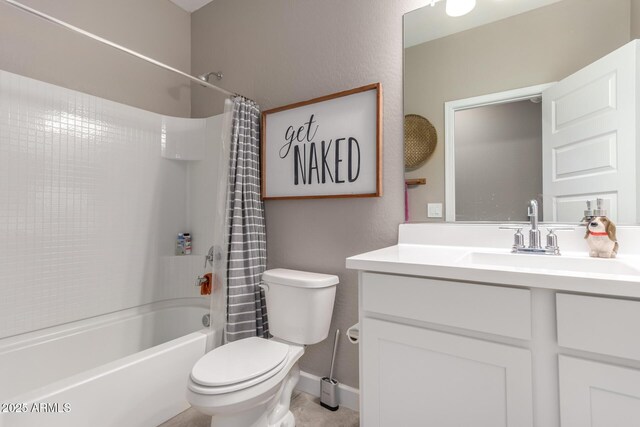 full bathroom featuring shower / bath combination with curtain, toilet, and vanity