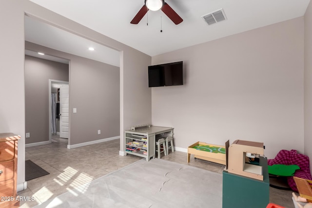 rec room featuring visible vents, recessed lighting, light tile patterned floors, baseboards, and ceiling fan