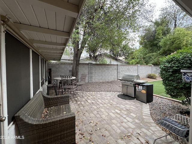 view of patio / terrace featuring outdoor dining area, a fenced backyard, and grilling area