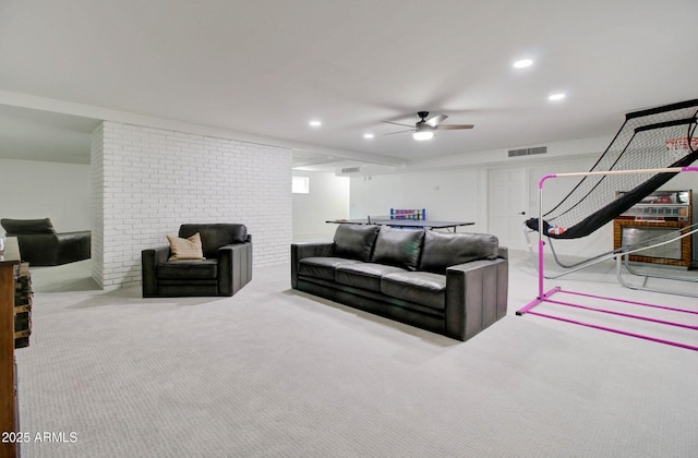 1712 E Fairfield St, Mesa, AZ 85203 - carpeted living area featuring recessed lighting, ceiling fan, and a brick fireplace