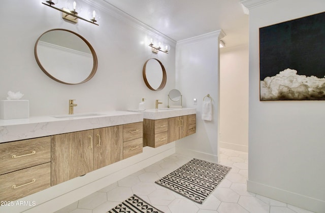 1712 E Fairfield St, Mesa, AZ 85203 - bathroom with ornamental molding, two vanities, and tile patterned floors