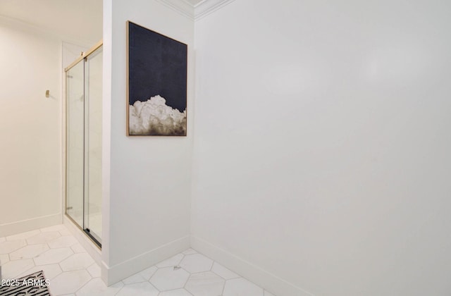 1712 E Fairfield St, Mesa, AZ 85203 - bathroom featuring a shower stall, ornamental molding, and tile patterned floors