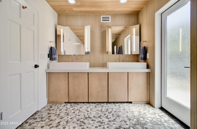 1712 E Fairfield St, Mesa, AZ 85203 - bathroom with wood ceiling, double vanity, and recessed lighting