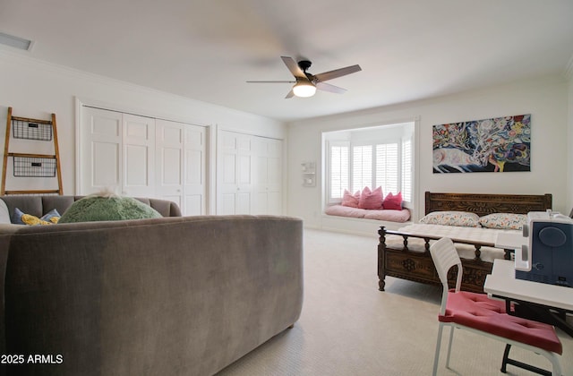 1712 E Fairfield St, Mesa, AZ 85203 - carpeted living area featuring ceiling fan and ornamental molding