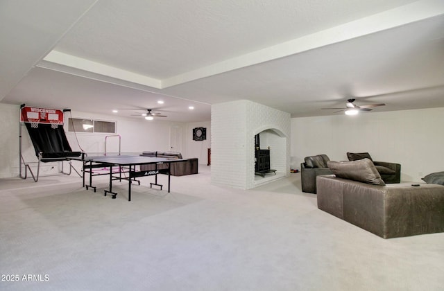 1712 E Fairfield St, Mesa, AZ 85203 - playroom featuring ceiling fan, carpet, beamed ceiling, recessed lighting, and a fireplace