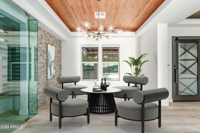 living area featuring wood-type flooring, a chandelier, a raised ceiling, and wooden ceiling