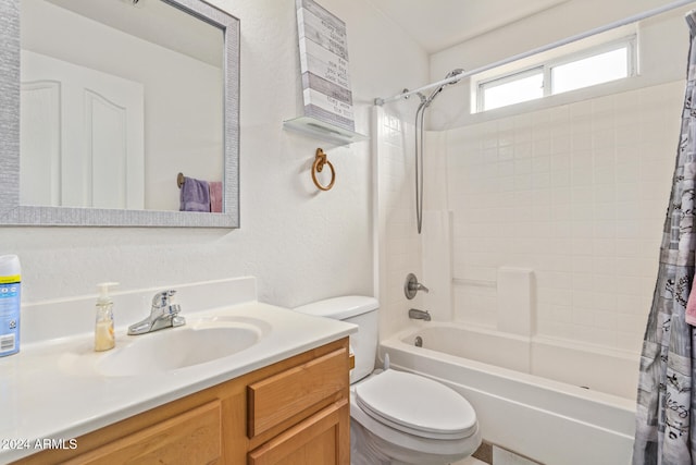 full bathroom featuring vanity, toilet, and shower / bathtub combination with curtain