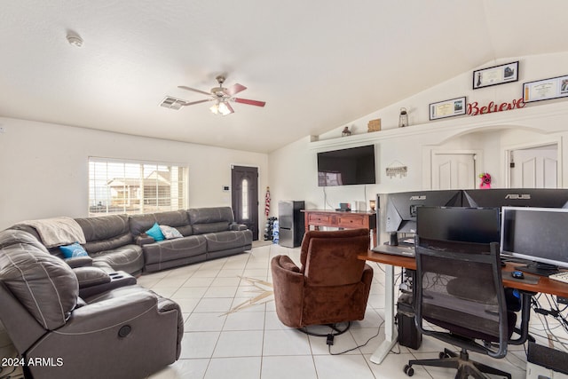 living room featuring ceiling fan, light tile patterned floors, and lofted ceiling