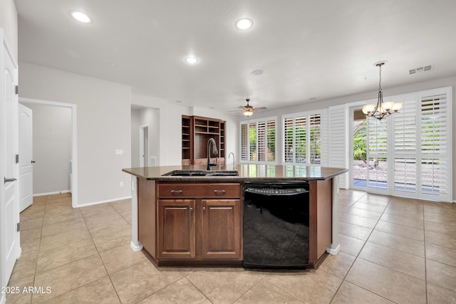 kitchen with a sink, ceiling fan with notable chandelier, dishwasher, and light tile patterned floors