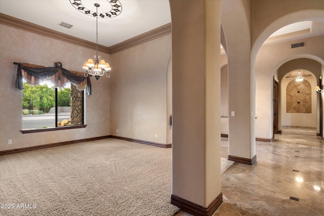 3523 E Presidio Cir, Mesa, AZ 85213 - carpeted empty room featuring arched walkways, ornamental molding, a chandelier, and baseboards