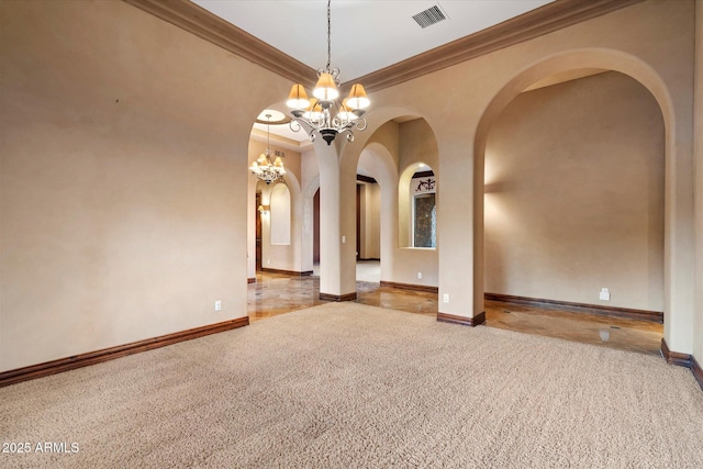 3523 E Presidio Cir, Mesa, AZ 85213 - unfurnished room with crown molding, arched walkways, carpet flooring, baseboards, and a chandelier