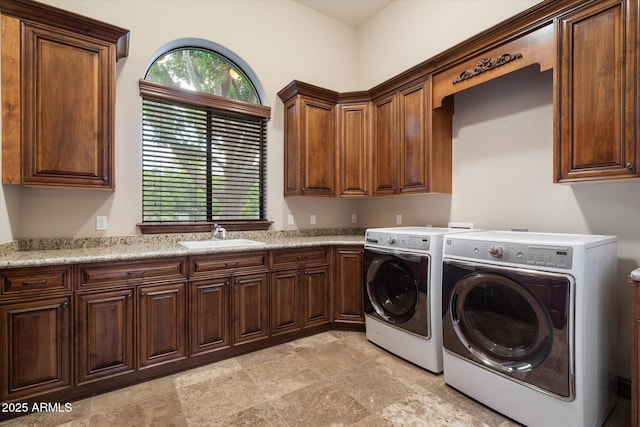 3523 E Presidio Cir, Mesa, AZ 85213 - laundry area featuring cabinet space, washing machine and dryer, and stone finish flooring