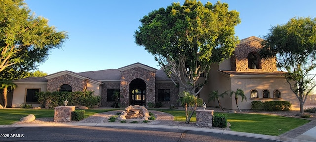 3523 E Presidio Cir, Mesa, AZ 85213 - view of front of property with stone siding, a front yard, and stucco siding