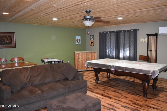 rec room featuring a wall mounted air conditioner, wood finished floors, wooden ceiling, and billiards