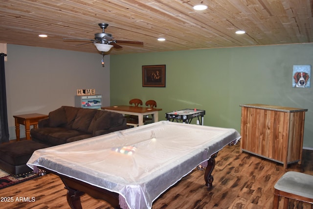 game room featuring recessed lighting, wood ceiling, and wood finished floors