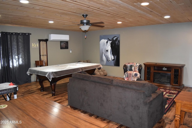 living room featuring recessed lighting, wooden ceiling, a wall unit AC, and wood finished floors