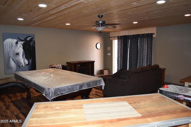 playroom featuring recessed lighting, wooden ceiling, billiards, and ceiling fan