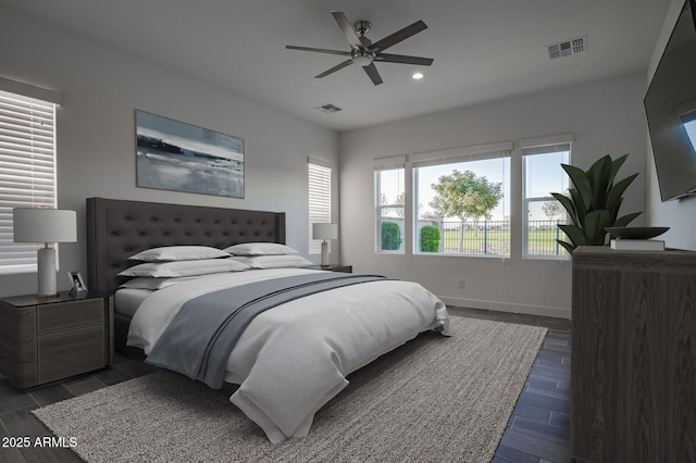 11534 N Jerome St, Surprise, AZ 85388 - bedroom featuring dark wood-type flooring, recessed lighting, baseboards, and ceiling fan