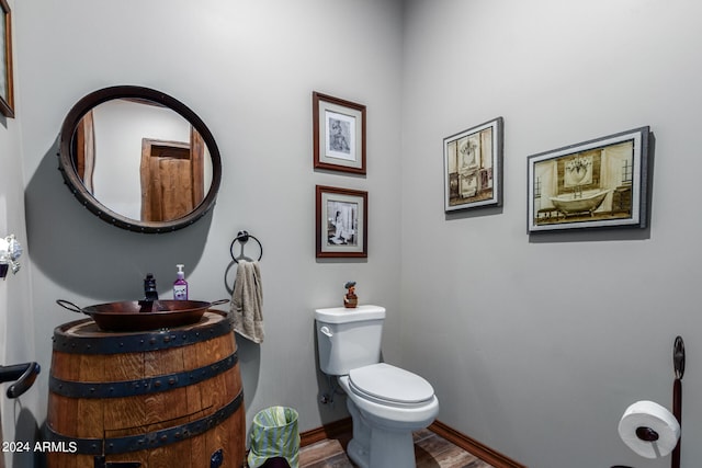 bathroom featuring vanity, wood-type flooring, and toilet