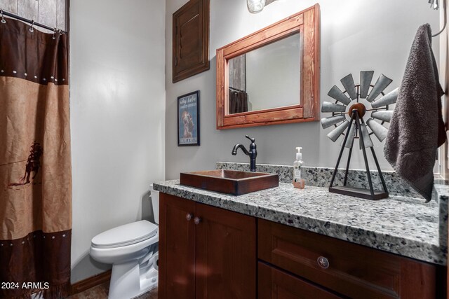 bathroom with vanity, toilet, and walk in shower