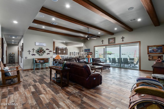 living room featuring beam ceiling, wood-type flooring, and ceiling fan